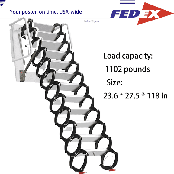 LINJI Attic Ladder, 12 Steps Attic Staircase with Handrail, Maximum Load Capacity 1102 lbs Attic Ladder Pull Down System, Suitable for Attics, Garages, Roofs, Basements​