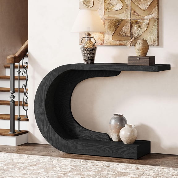 Tribesigns 43.3" C-Shaped Console Table, Mid-Century Modern Wood Entryway Hallway Table, Compact Heavy-Duty Accent Table for Living Room, Entrance, Foyer, Black
