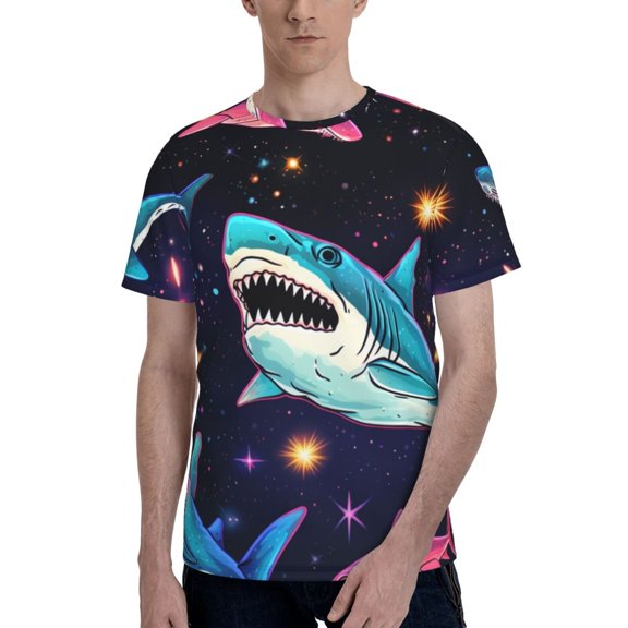 Men 3D Printed Short Sleeve Graphic T-Shirts Tops Tee, Laser Shark Space Funny Dinosaur Starry