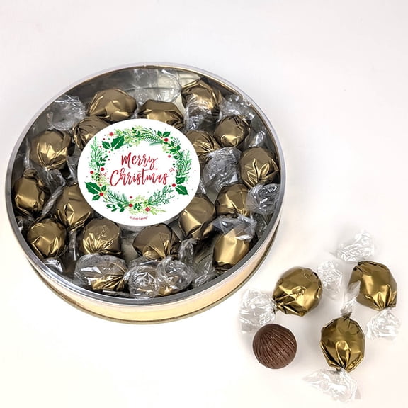 Merry Christmas Wreath Gift Tin Filled With Milk Chocolate Dubai Truffle Candies For Christmas Gifting, Holiday Party Giveaways & More (22 Truffles)