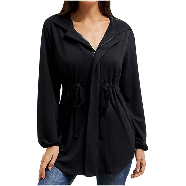 Chaquetas para mujer Color sólido Casual Cremallera Cintura Linterna Manga suelta Chaqueta de punto con capucha Odeerbi ODB-3