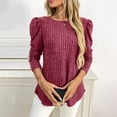 thumbnail image 3 of Womens Puff Sleeve Top, Yigetop Ladies' Casual Round Neck Bubble Sleeves Brushed Stripe Solid Color Top Long Sleeved T Shirt Dressy Blouses for Women Long Sleeve Wine XL, 3 of 8