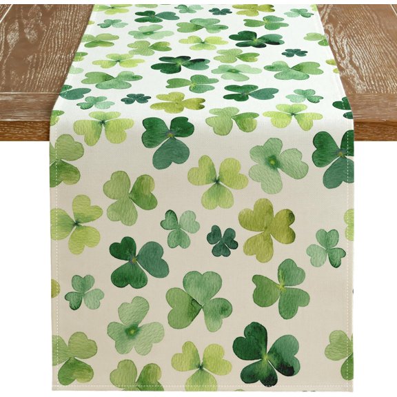 St Patricks Day Table Runner 13x36 Inches, Shamrock Green Spring Seasonal Farmhouse Burlap Indoor Kitchen Dining Table Decorations for Home Party AT393-36