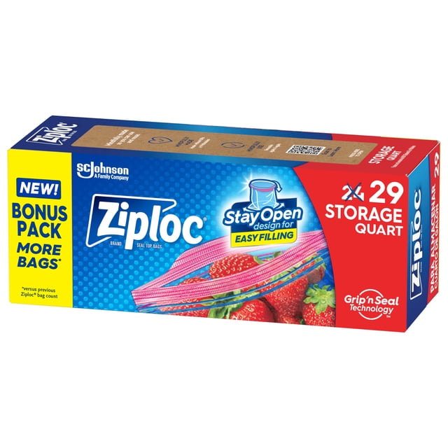 Bolsas de almacenamiento de alimentos Ziploc de un cuarto de galón, 29 unidades, fáciles de llenar