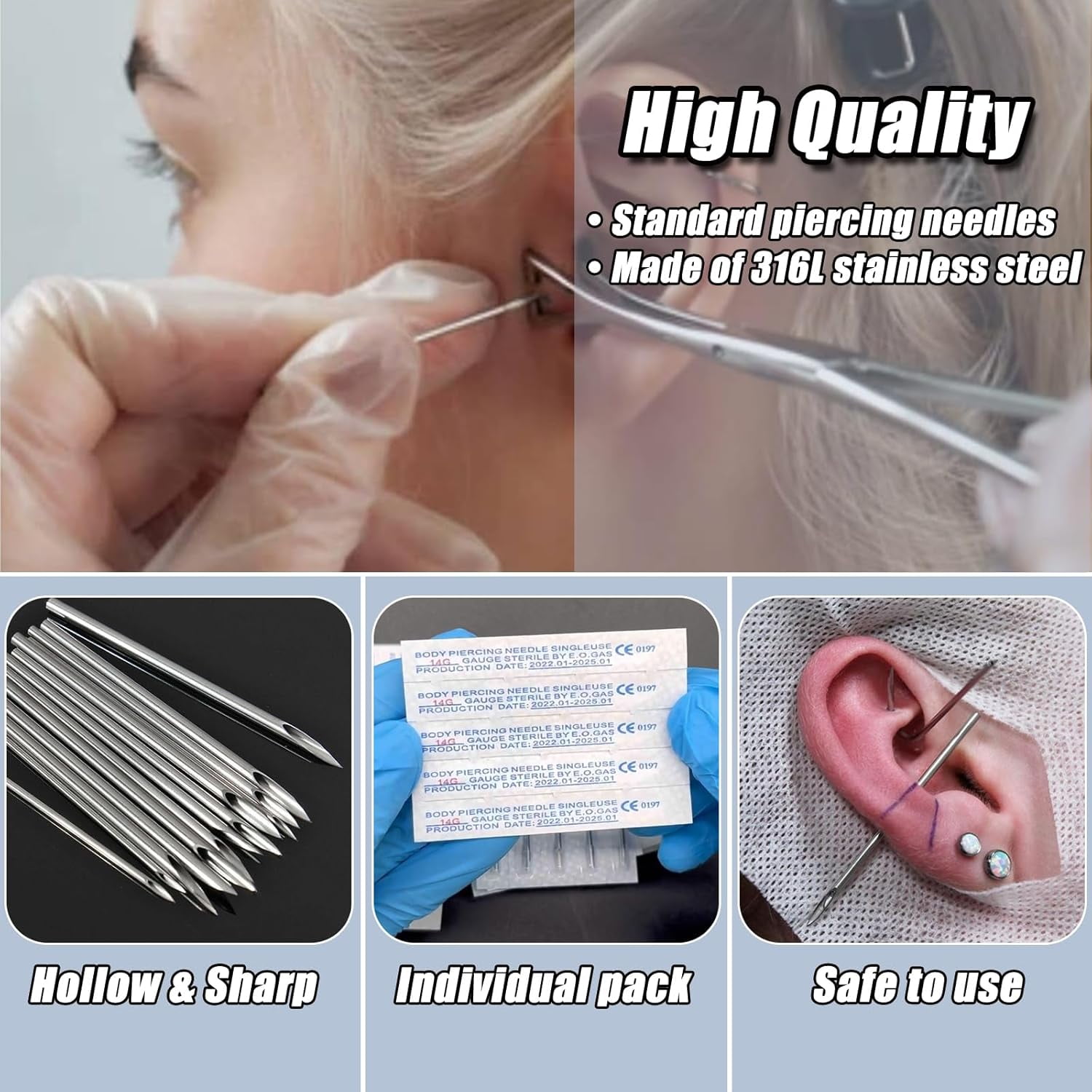 100Pcs Mixed Piercing Needles - Yuelong 20G 18G 16G 14G 12G Hollow Needles Ear Nose Piercing Needle for Lip Tongue Belly Navel Nipple Professional Piercing Tools