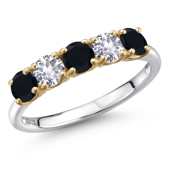 Gem Stone King 925 Silver and 10K Yellow Gold Black Onyx and White Created Sapphire Wedding-Bands Ring for Women | 1.16 Cttw | Round 4MM | Gemstone December Birthstone | Size 5