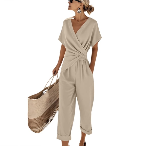 CIENVNSTG Two Piece Sets for Women Summer V Neck Wrap Front Knot Top and Cropped Wide Leg Pants Fashion Solid Color Irregular Resort Wear Clothing Beige L