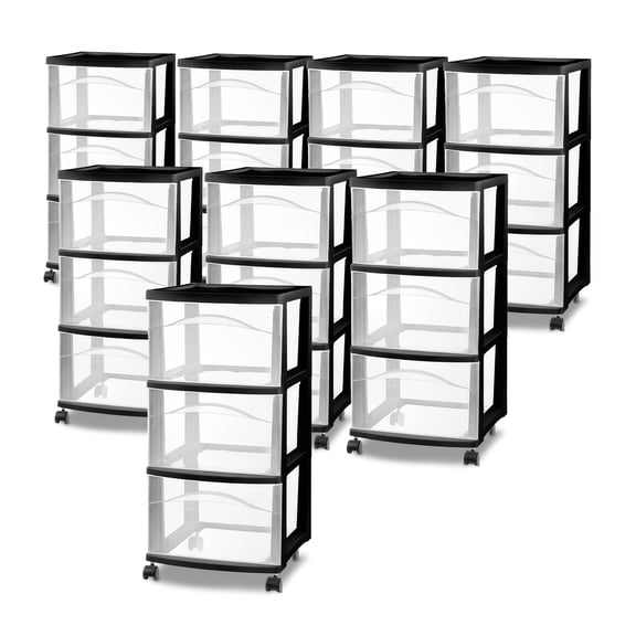 Sterilite 3 Drawer Storage Cart, Plastic Rolling Medium Home Organizer, Black, 8 Pack