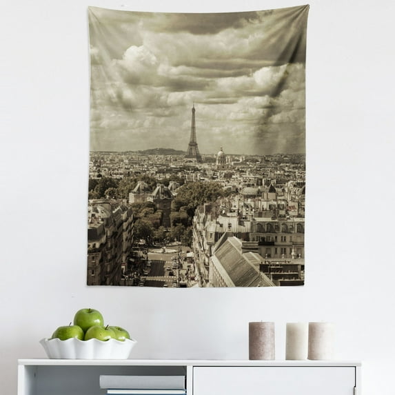 Beige Tapestry, City Skyline of Eiffel and Dark Cloudy Weather Capital France Region Historical Retro, Fabric Wall Hanging Decor for Bedroom Living Room Dorm, 5 Sizes, Beige, by Ambesonne
