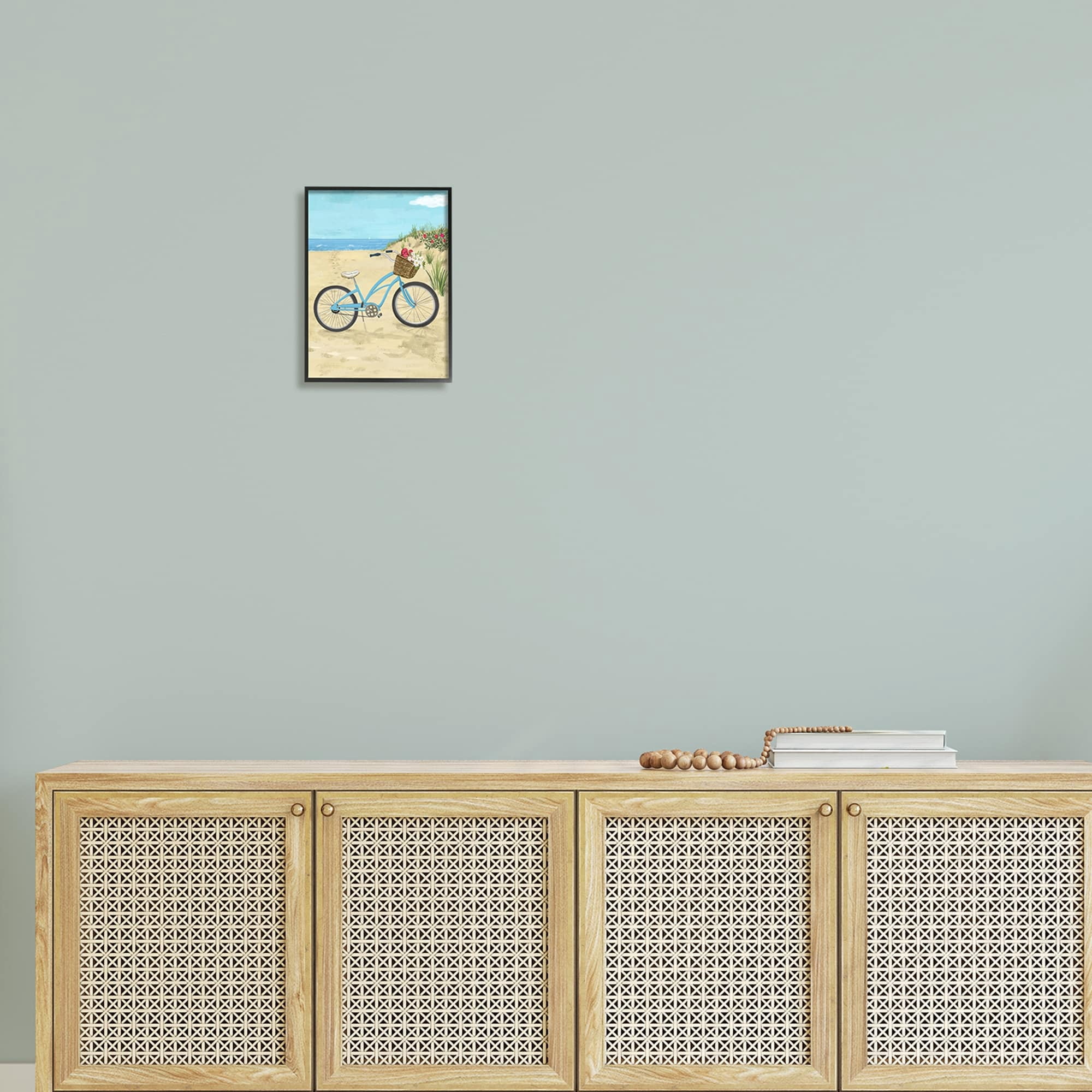 Stupell Industries Blue Bicycle Flower Blossom Basket Beach Sand Painting Black Framed Art Print Wall Art, Design by Sharon Lee