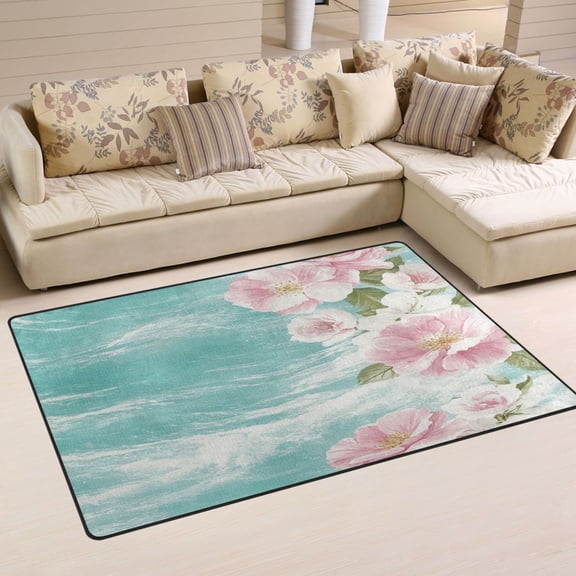 Elegant Floral on Aqua Waves Soft Polyester Area Rug 31''x20'', Non Slip, Memory Foam, Water Absorbent
