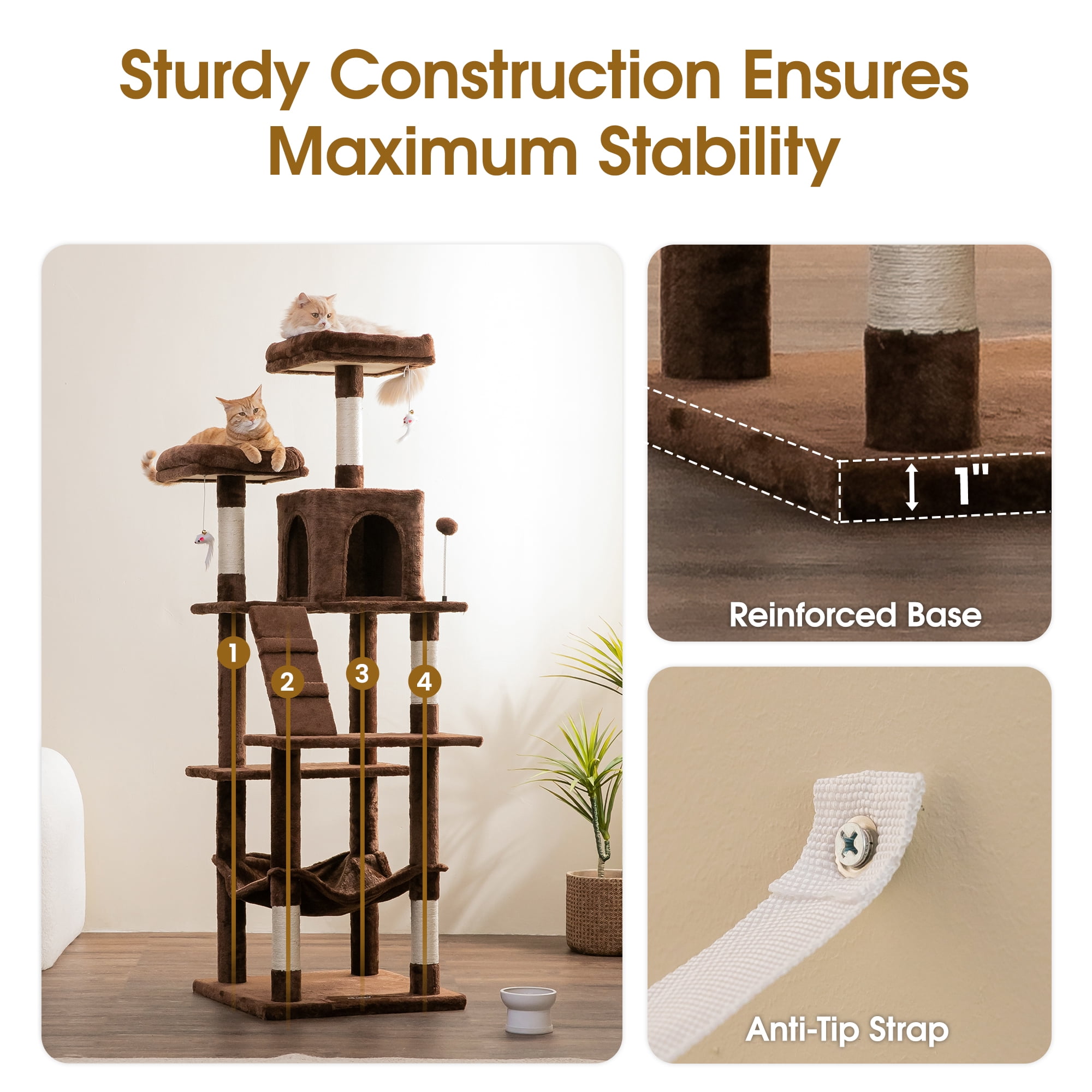 MWPO 70.1-in Multilevel Cat Tree Tower with Condo, Perch and Scratching Post, Brown