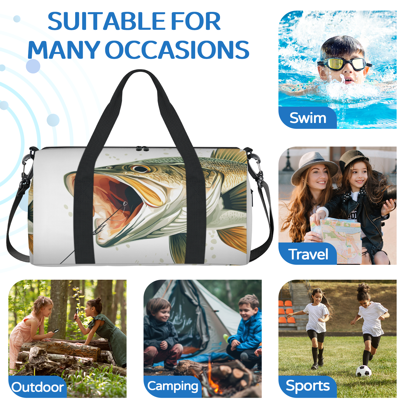 Herdesigns Fish Gym Bag for Women, Funny Fishes Duffle Bag for Travel Sport, Lightweight Waterproof Carry on Weekender Overnight Dance Yoga Workout Bags