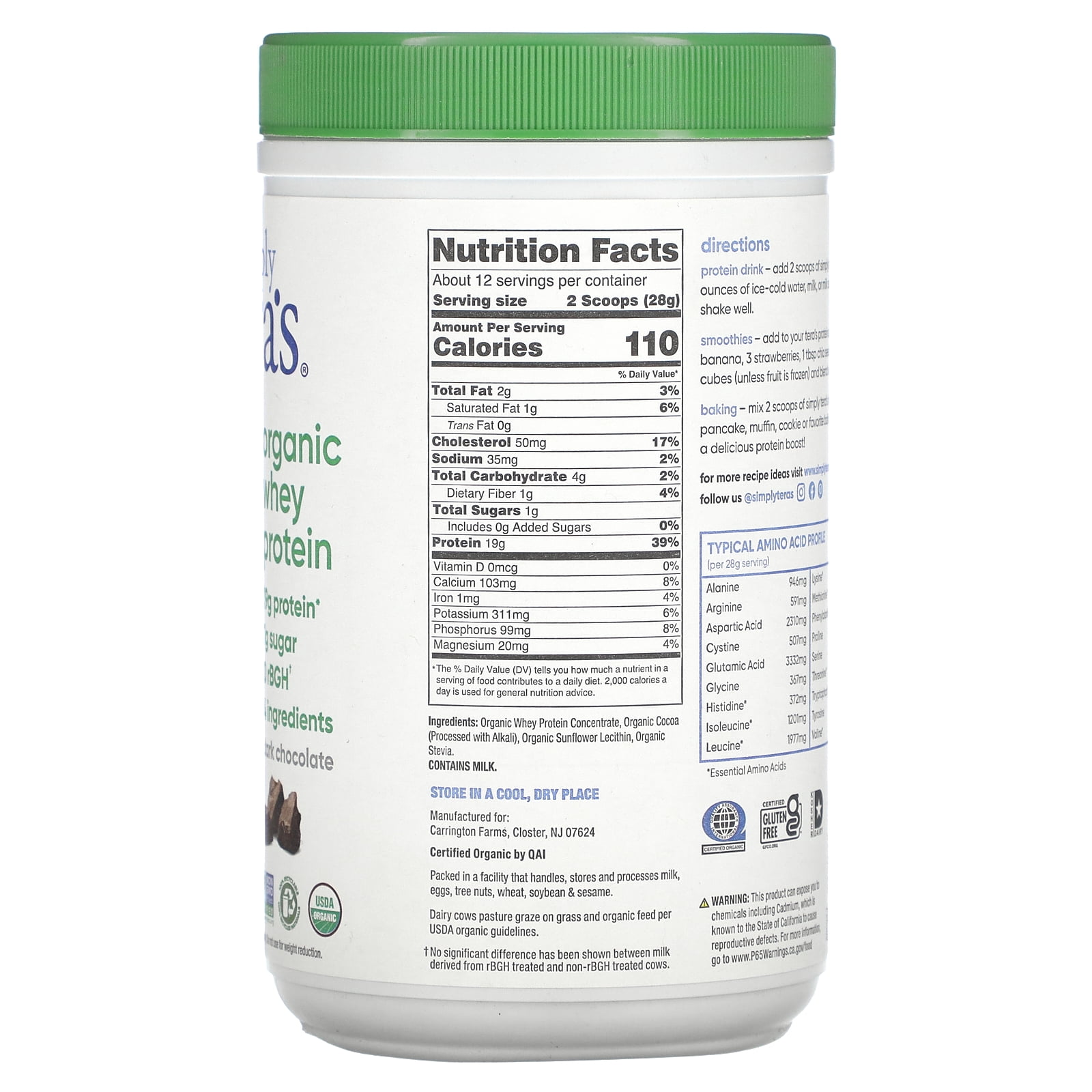 Tera's Whey Organic Whey Protein Powder, Dark Chocolate, 20g Protein, 0.75 Lb