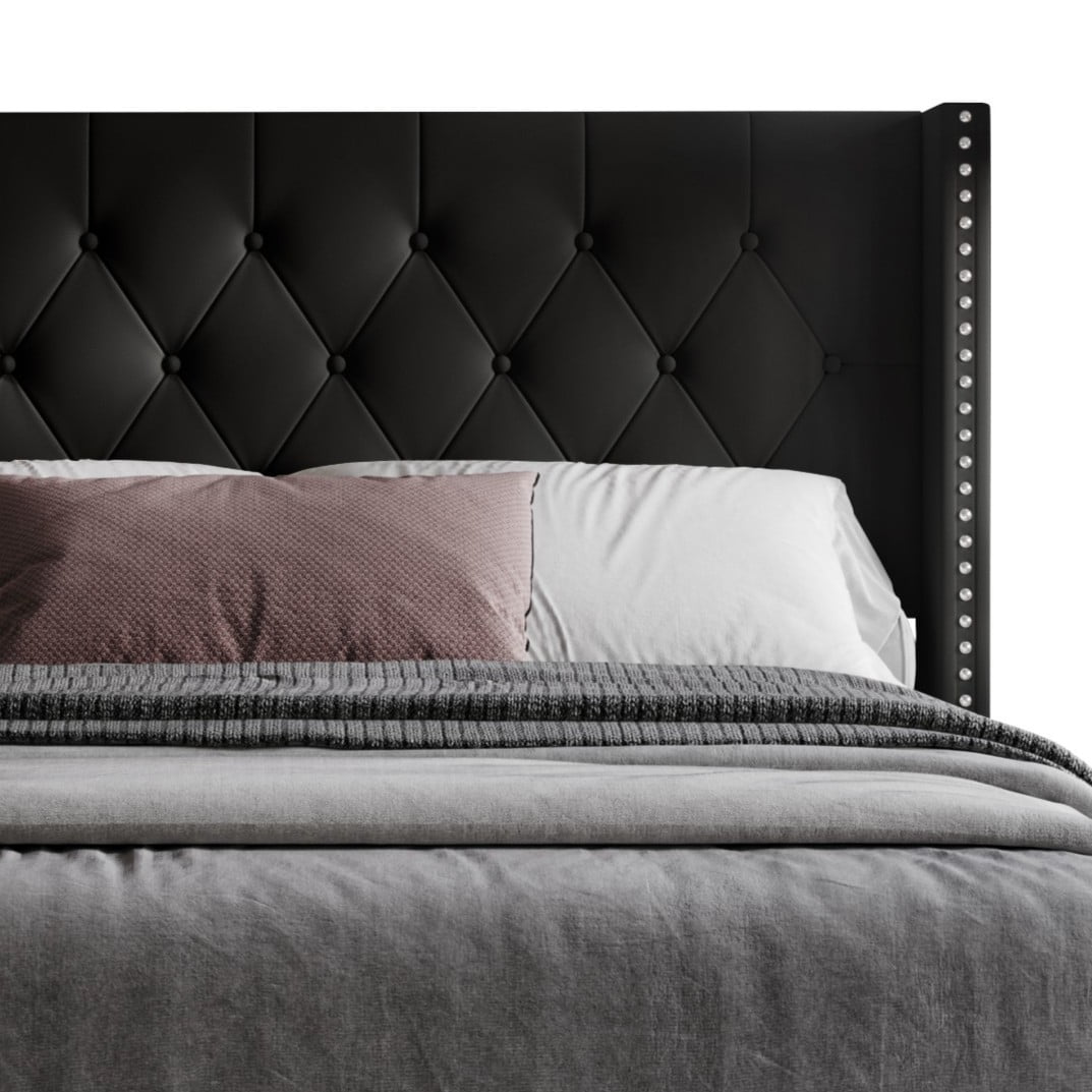 Home Design Homer King Button-Tufted Wingback Upholstered Panel Bed Frame with Nailhead Trim design for Adult, Black, Easy Assembly