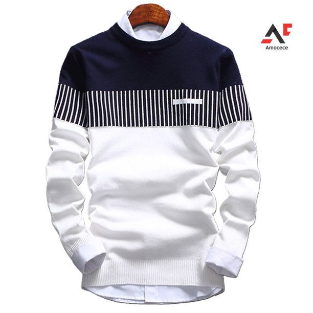 A.m moda hombres bloque de Color Patchwork O cuello de manga larga suéter de punto Top blusapangjing