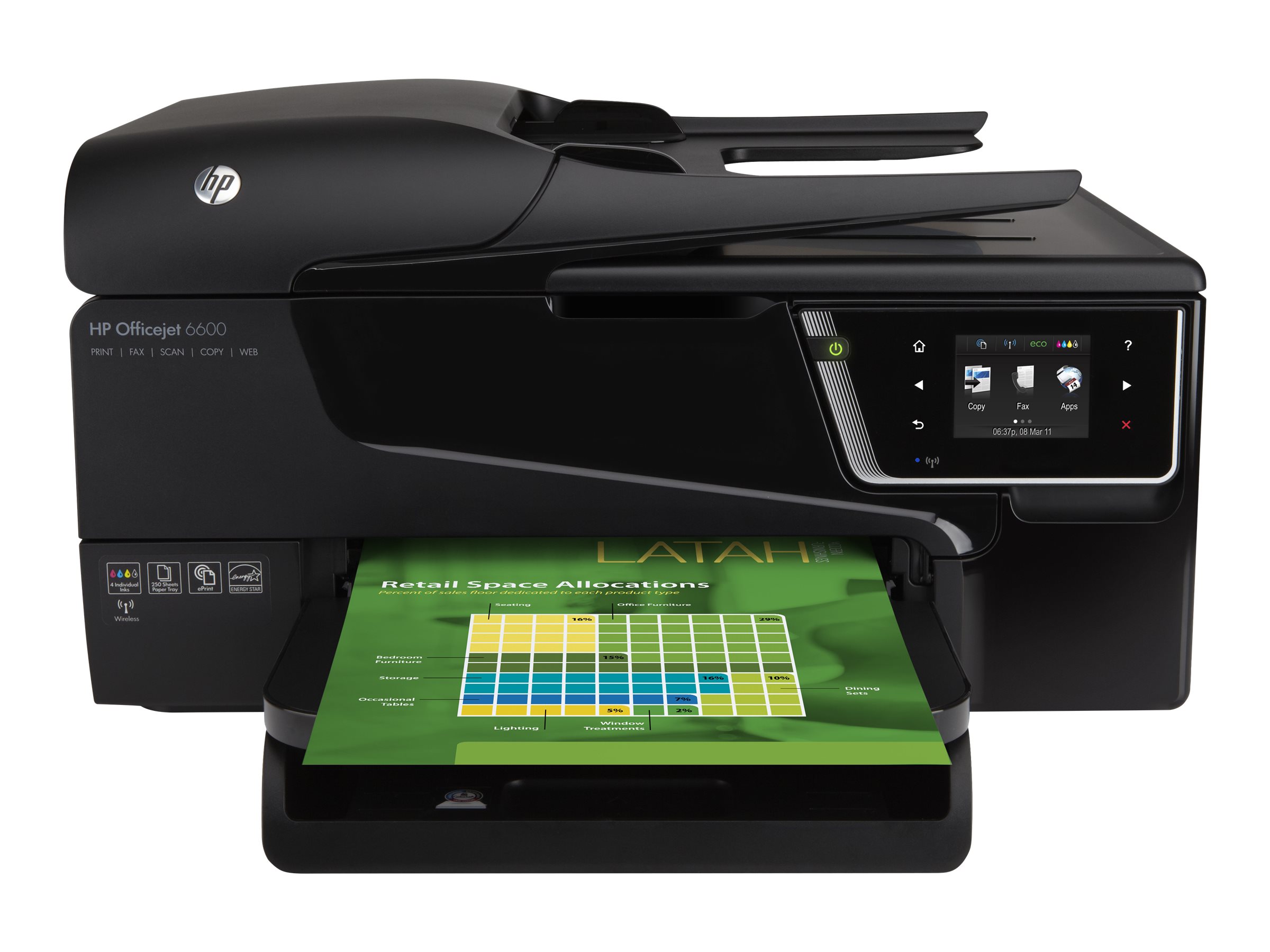 HP Officejet 6600 e-All-in-One H711a - Multifunction printer - color - ink-jet - Legal (8.5 in x 14 in)/A4 (8.25 in x 11.7 in) (original) - Legal (media) - up to 32 ppm (copying) - up to 14 ppm (printing) - 250 sheets - 33.6 Kbps - USB 2.0, Wi-Fi(n) - image 3 of 8