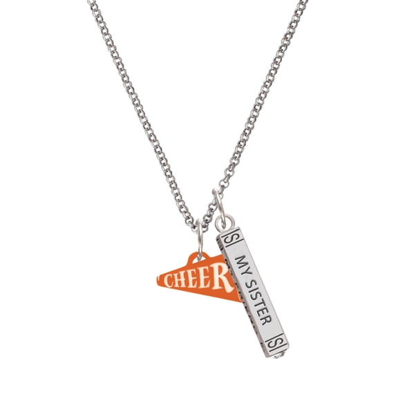 Delight Jewelry Acrylic 3/4" Orange Cheer Megaphone Silvertone Always My Sister Bar Charm Necklace, 23"