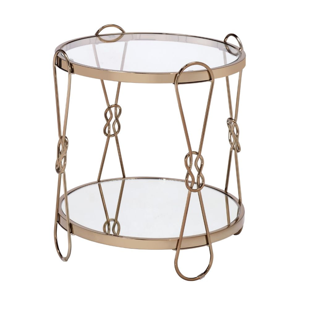 Zekera 20" Round Champagne Metal & Glass End Table with Mirrored Storage