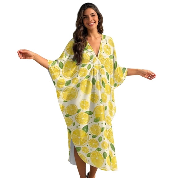 Xoenoiee Lemon Leaves Print Kaftan Dresses for Women Plus Size V Neck Caftans Long Batwing Sleeve Beach Cover Up High-Slit Summer Mumu Dresses