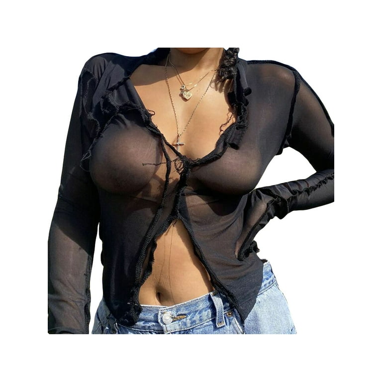 Gwiyeopda Women Summer Mesh See Through Crop Top Long Sleeve Tee Shirt  V-Neck Blouse Tops 
