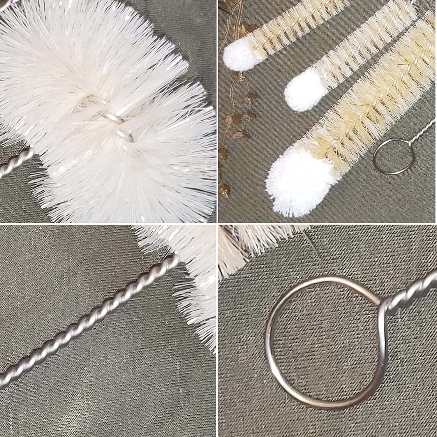 Bottle Brushes Thin Long Handle X 4, Skinny Wire Cleaner Set in Stainless Steel with Natural Boar Bristle at Wool Tip, Bendable Flexible for Cleaning Narrow Neck Bottles, Pipe, Tube, Hose