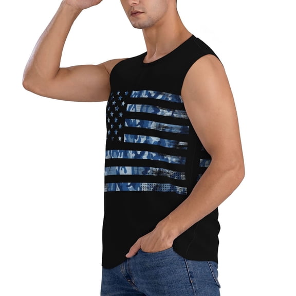 Uemuo Navy Camouflage American Flag Pattern Men's Sleeveless T-Shirt,Muscle Athletic Tank Top, Moisture-wicking Quick-dry Breathable Classic Tee Top for Gym Run Outdoor Sports-