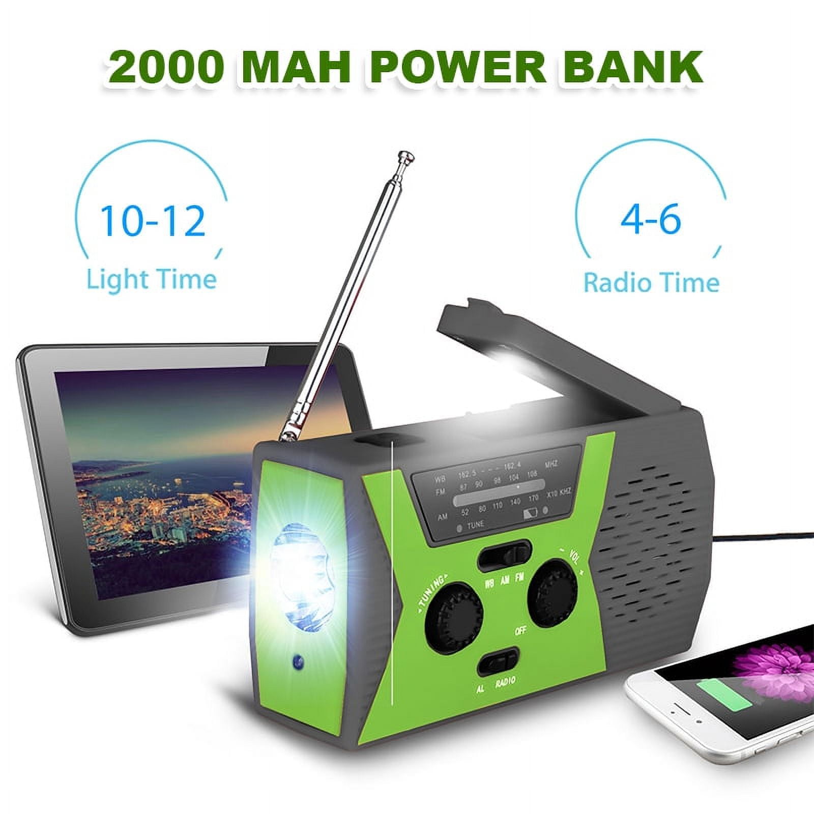 Amerteer Emergency Solar Hand Crank Radio,AM/FM/NOAA Weather Radio ,Portable Hurricane Survival Radio with LED Flashlight, Reading Lamp, 2000mAh Cell Phone Charger, SOS Alert