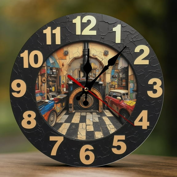 Wall Clock Decorative - Retro Colorful Garage Print 2D Vintage Wall Clocks Battery Operated Silent Non-Ticking for Bedroom, Living Room, Kitchen, Office, Classroom, 10 Inch
