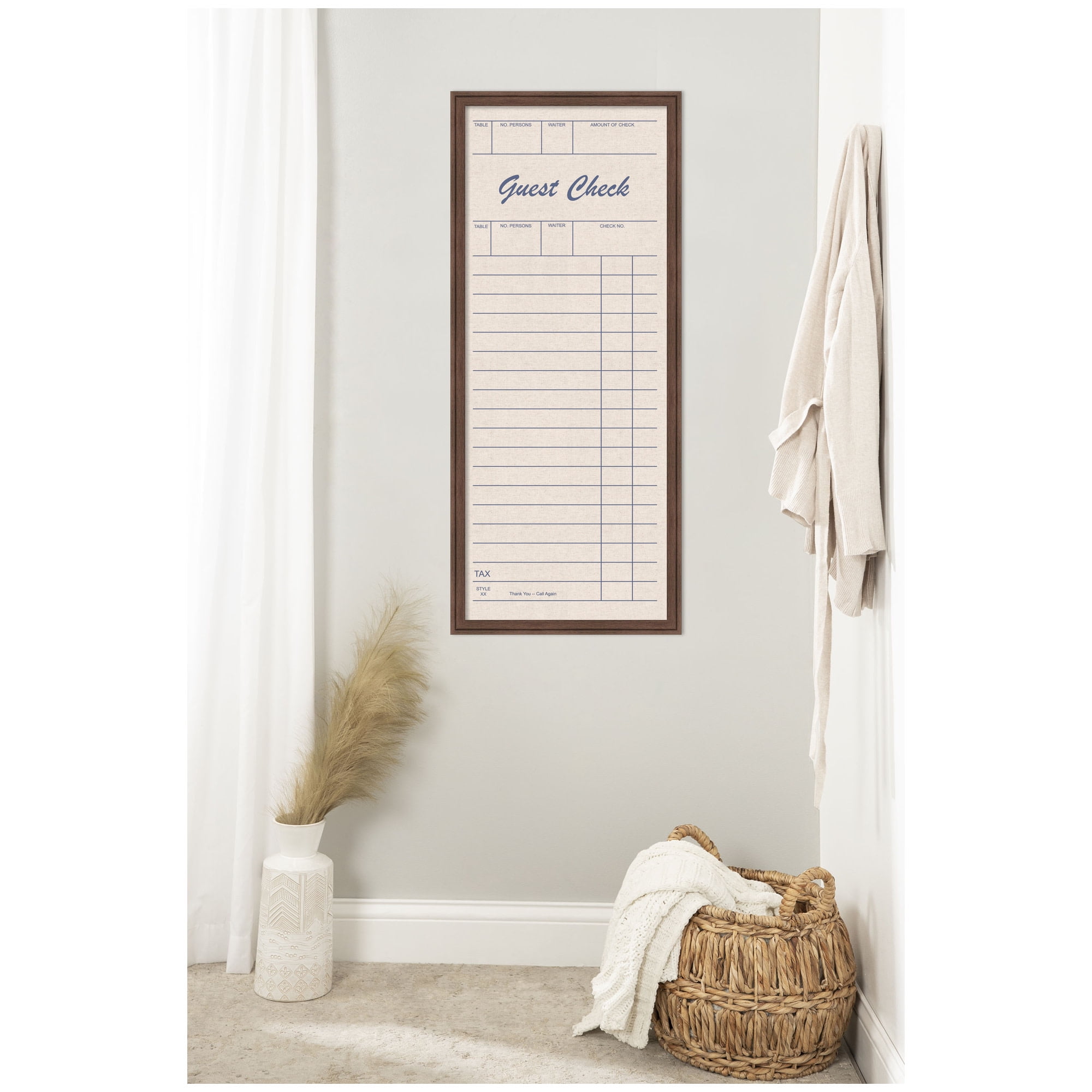 Kate and Laurel Framed Fabric Pinboard 18 x 42, Linen Guest Check Printed Linen Classic Bulletin Board for Use as a Vision Board or Wall Organization, Florence Medium Brown Frame