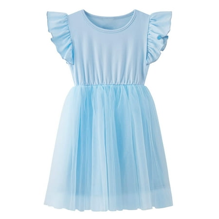 

JNKLWPJS Girls Tutu Dress Toddler Ruffle Sleeve Princess Party Tulle Sundress Blue 100CM