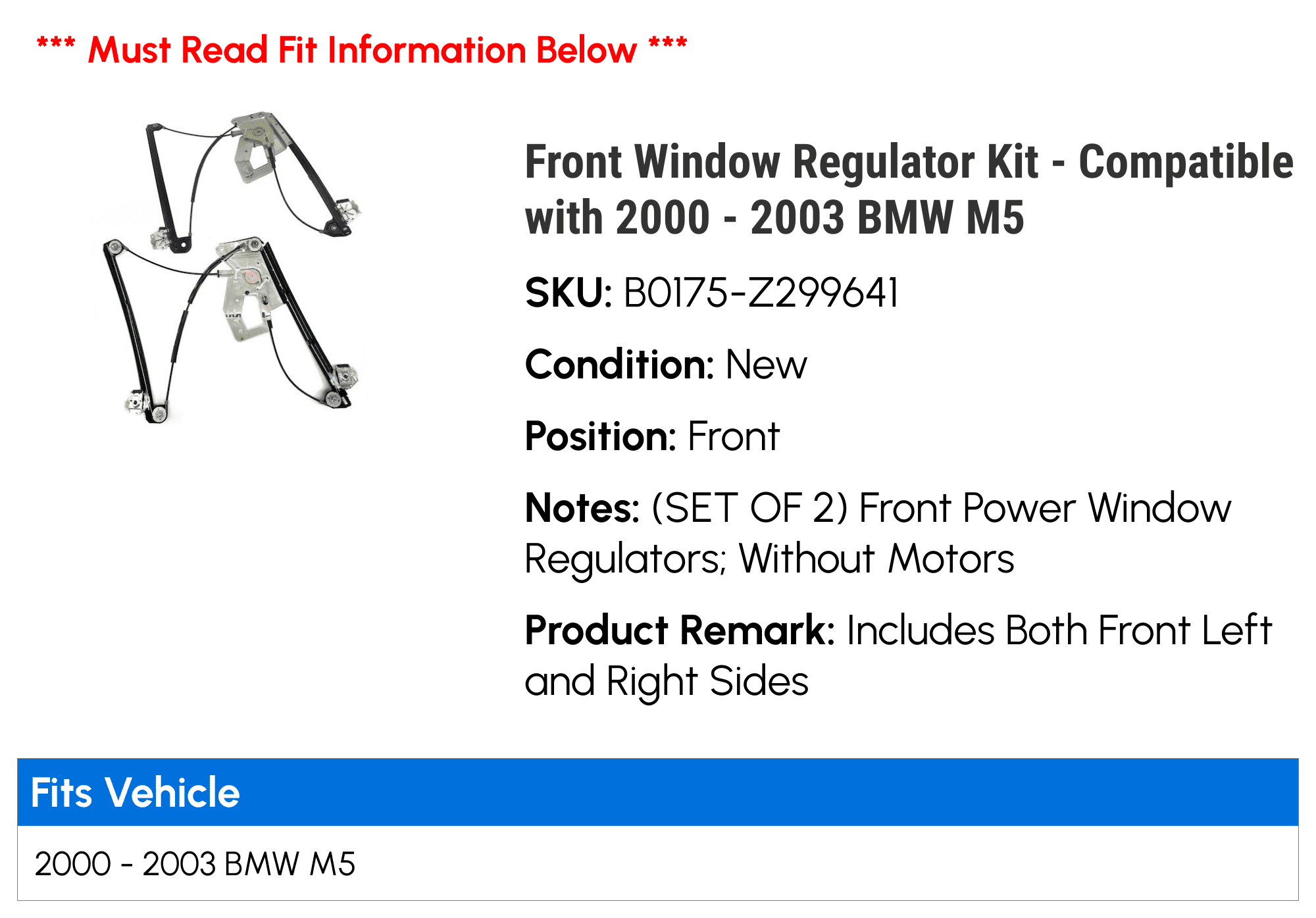 Front Window Regulator Kit - Compatible with 2000 - 2003 BMW M5 2001 2002