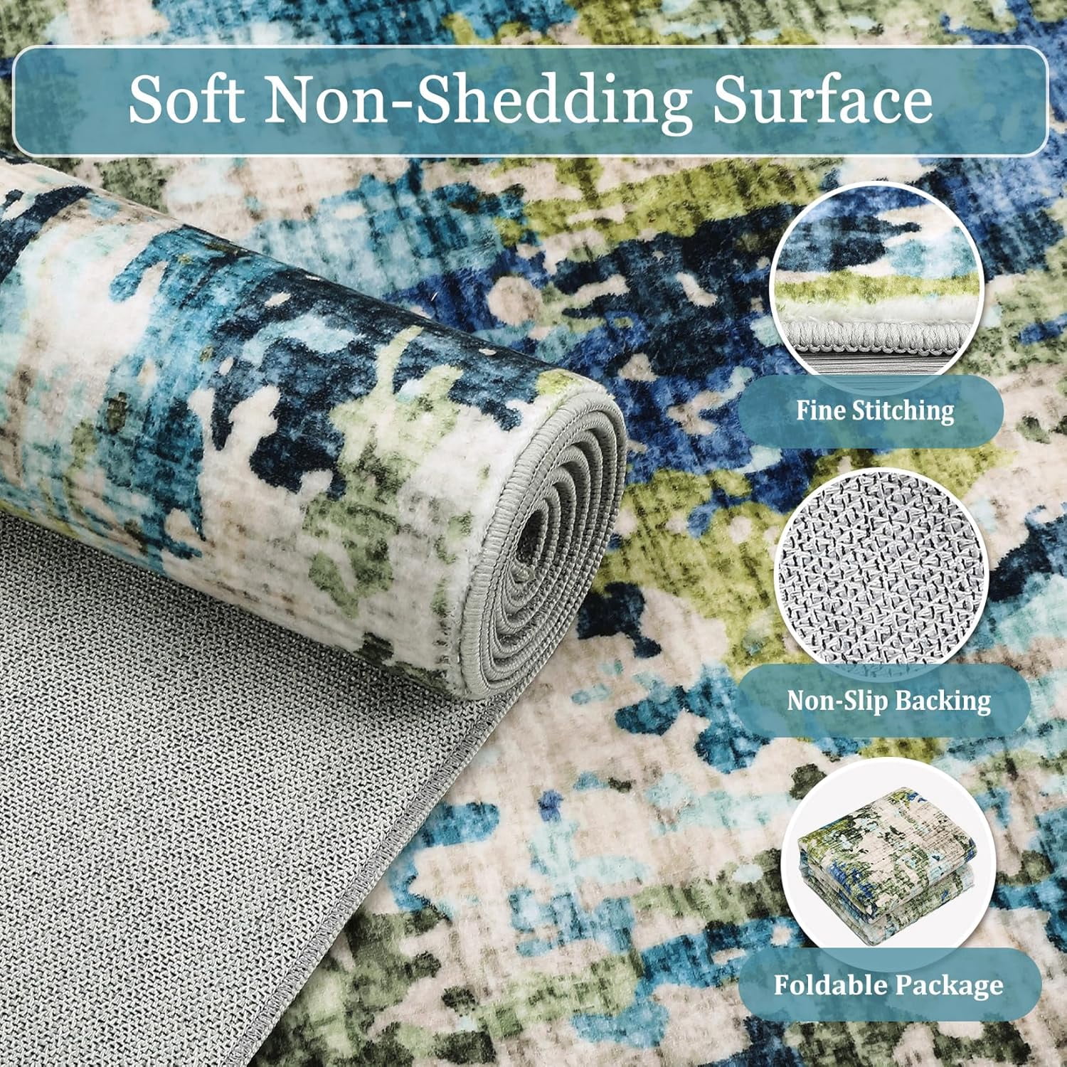 2x6 Washable Runner Rug, Soft Modern Abstract for Kitchen, Hallway, Laundry Room, Ultra-Thin Non-Slip Entryway Bedroom Rug (Green/Blue Multi, 2'x6').