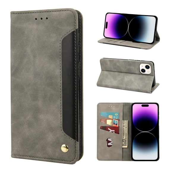 Allytech Slim Wallet Case for iPhone 15, Luxury PU Leather   Soft TPU Cover with Card Slots & Cash Pocket, Magnetic Closure Kickstand Shockproof Business Case for Women men - Gray