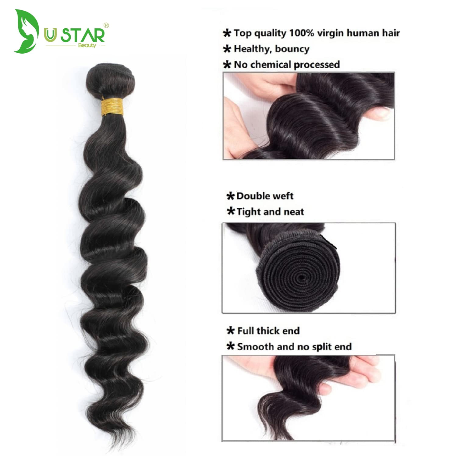 USTAR 100% Unprocessed Brazilian Virgin Remy Human Hair Extensions Loose Wave Bundles Color Natural Black #1B 10" Inch