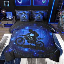 Feelyou Dirt Bike Sport Bedding Comforter Set 7 Pieces for Kids, Neon Navy Abstract Full Bedding Set, Modern Motorcycle Lover Reversible Fitted Sheet Flat Sheet, Super Cozy Room Decor