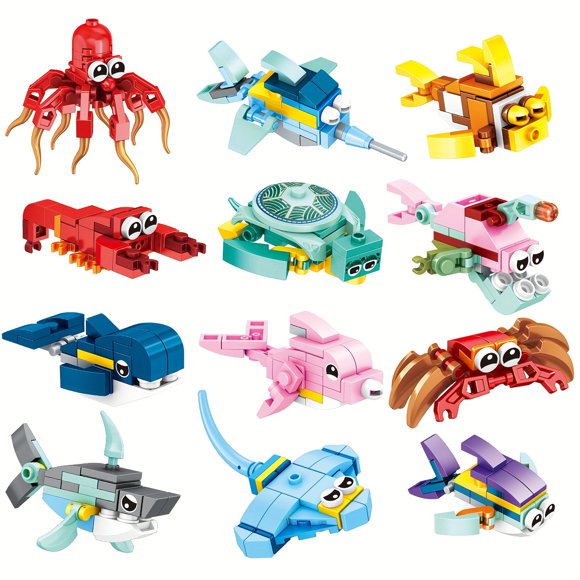 Ocean Animal Building Blocks Set: 12 Playful Creatures Or a Giant Shark, Suitable for Ages 6-8, ABS Material