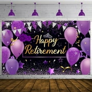 Retirement Party Decorations, Retirement Sign Banner Photo Booth Backdrop Background for Retirement Party Favor(Purple and Black)