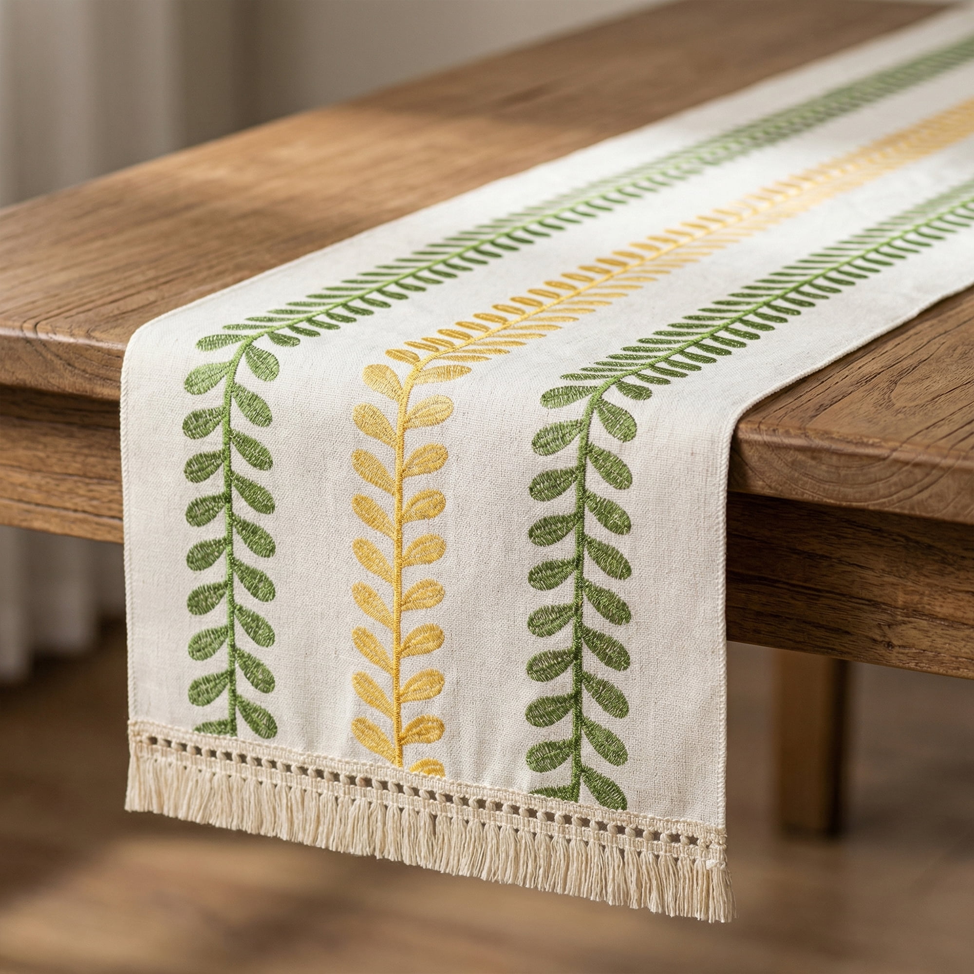 Unique Bargains Polyester Floral with Tassel Table Runner for Kitchen Decor Green 15.4"x82.7"