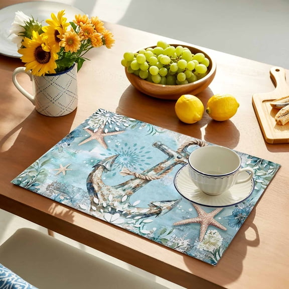 Ocean Anchor Placemats Set of 1, Retro Beige Nautical Starfish Sealife Non-Slip Place Mats Washable Table Mats for Kitchen Dining Table Decorations Indoor/Outdoor