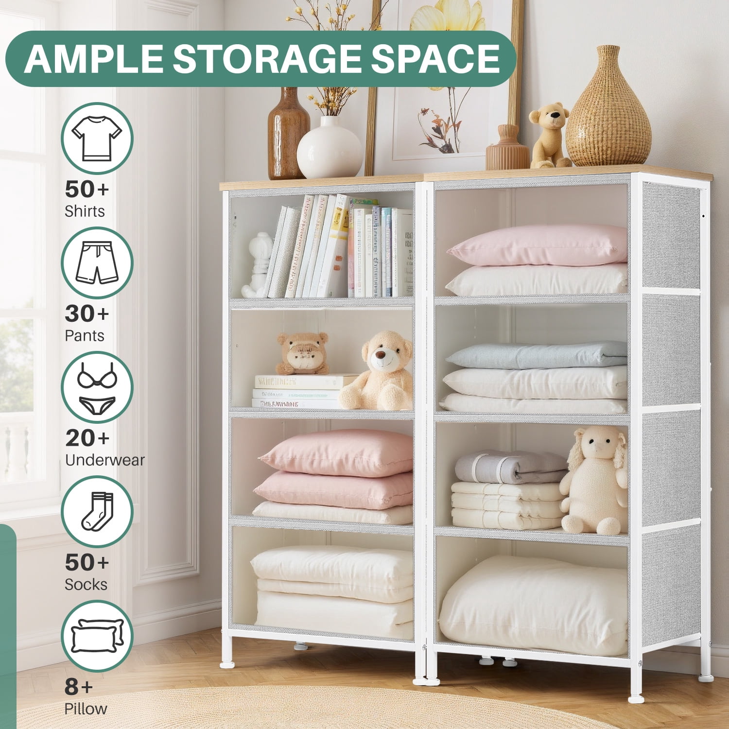 Beddle Dresser with 4 Fabric Drawers for Bedroom, Wide Storage Chest with Drawer Organizer for Closet or Living Room, Light Gray