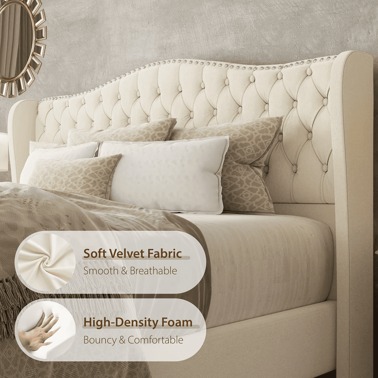 VIPLOV King Size Bed Frame with 51-inch Tall Camelback Headboard & Wingback, Deep Button Tufted Footboard with Nailhead Trim, Cream