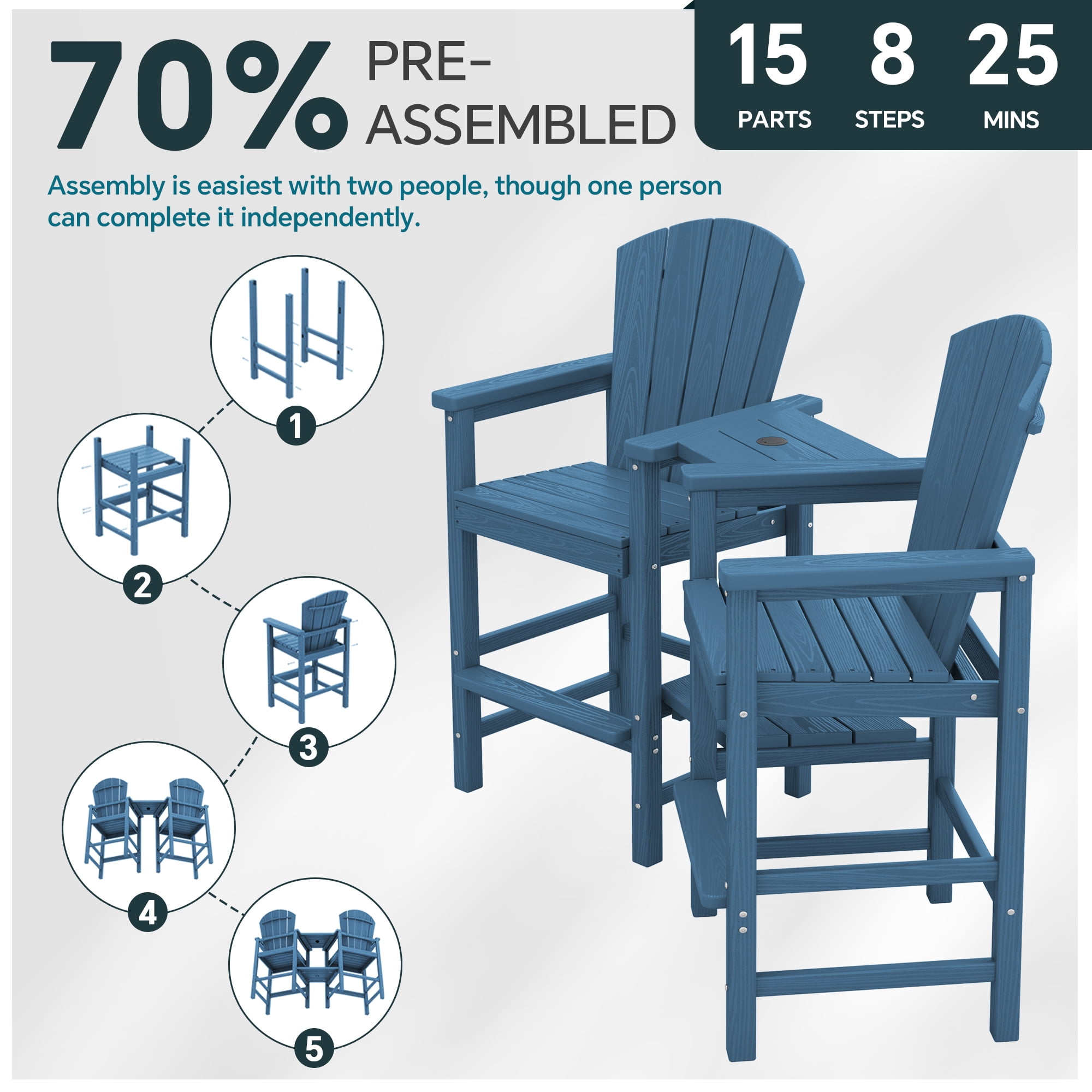 SERWALL Tall Adirondack Chairs Set of 4 with Double Layer Connecting Tray, HDPE Bar Height Outdoor Chairs, for Patio, Balcony, Porch, Pool, Navy