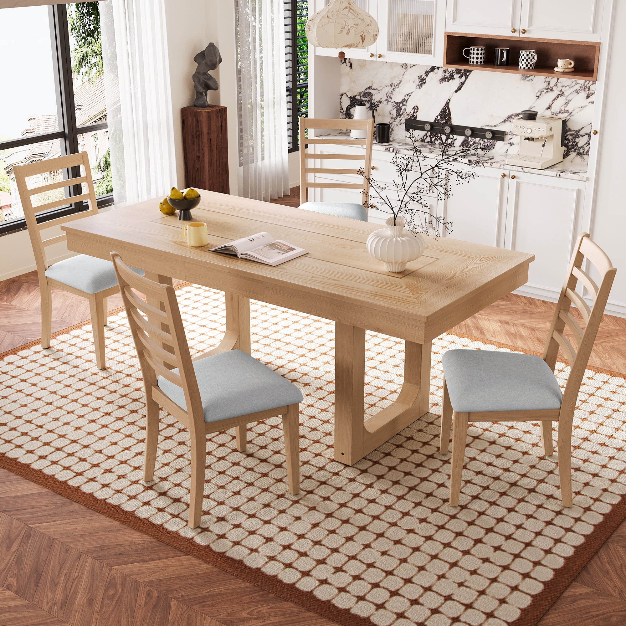 Euroco 5-Piece Wooden Dining Table Set 78 Extendable Dining Table & Chairs Set with 18 Leaf for 4-6 Farmhouse Kitchen Table Set for Dining Room Natural