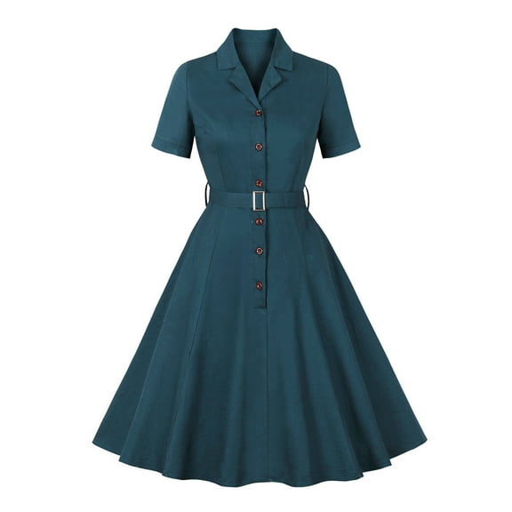 XFLWAM Women's 1950s Vintage Dress Notched V Neck Solid Color Cocktail Swing Dress 50s Retro Audrey Hepburn Rockabilly Prom Dresses