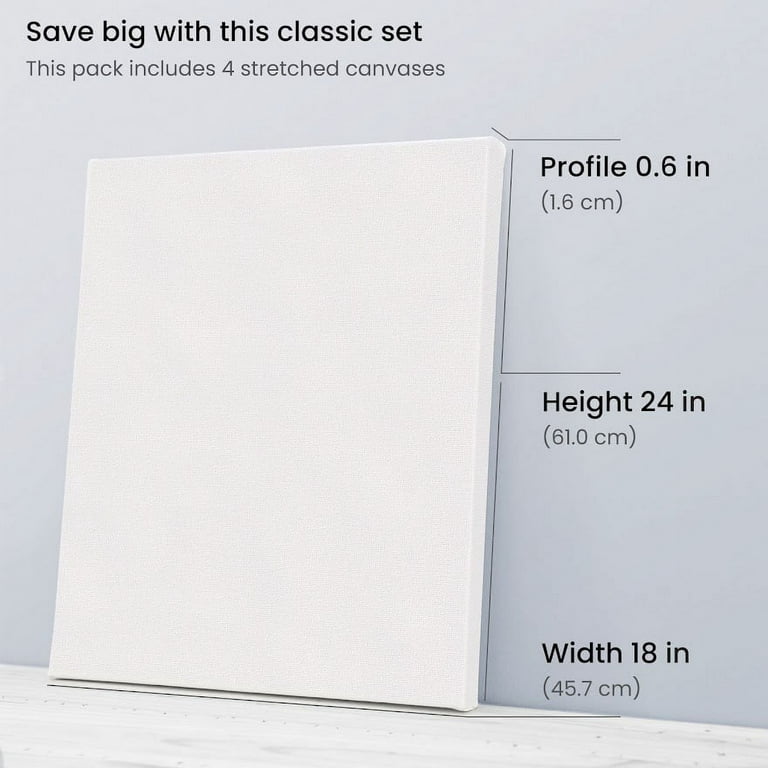 Arteza Stretched Canvas, Classic, White, 18x24, Large Blank Canvas Boards  for Painting - 4 Pack