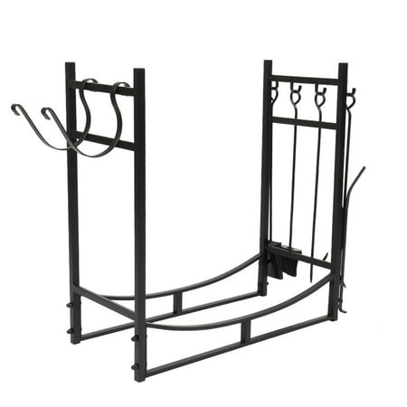 

Firewood Stand Fireplace Log Holder Metal Fire Wood Storage Bracket Lumber Rack with Hooks 29.92x29.13x12.99 Inch