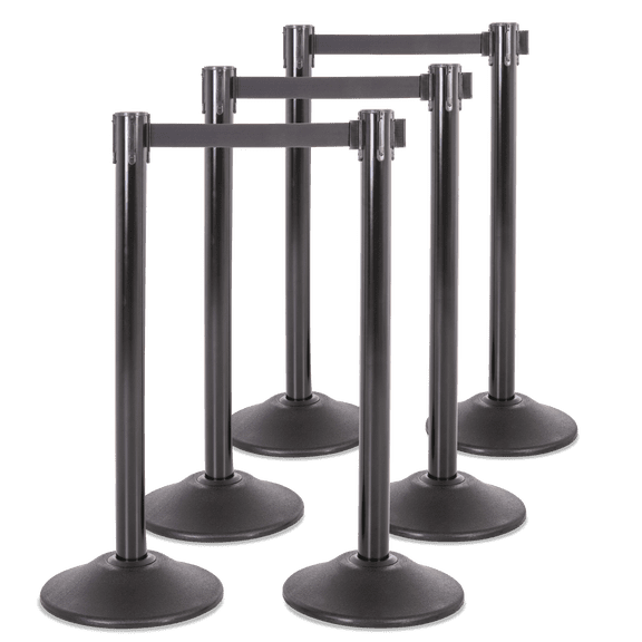 US Weight Heavy Duty Premium Black Steel Stanchion with Black 7.5-Foot Retractable Belt- 6PK