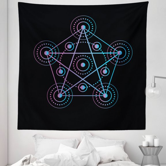 Pentacle Tapestry, Line Art Style Gradient Colorful Elements of Geometry Star, Fabric Wall Hanging Decor for Bedroom Living Room Dorm, 5 Sizes, Black Blue and Pink, by Ambesonne