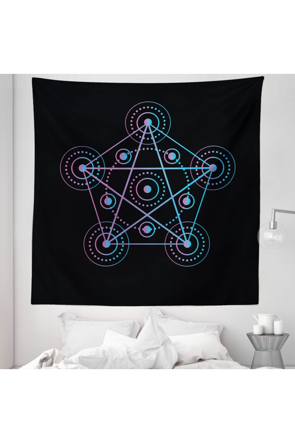 Pentacle Tapestry, Line Art Style Gradient Colorful Elements of Geometry Star, Fabric Wall Hanging Decor for Bedroom Living Room Dorm, 5 Sizes, Black Blue and Pink, by Ambesonne
